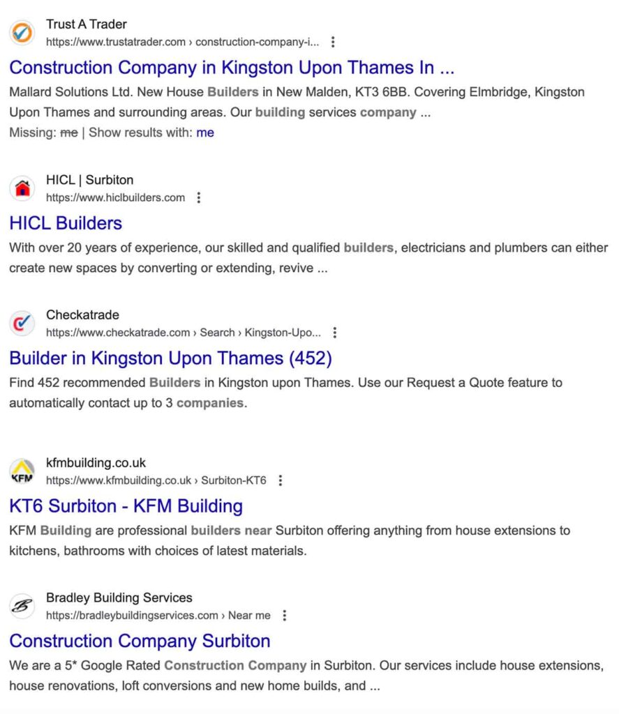 Ranking in the organic search results for construction companies