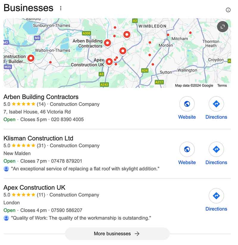 Local Pack on Google Search results showing the local Construction companies.