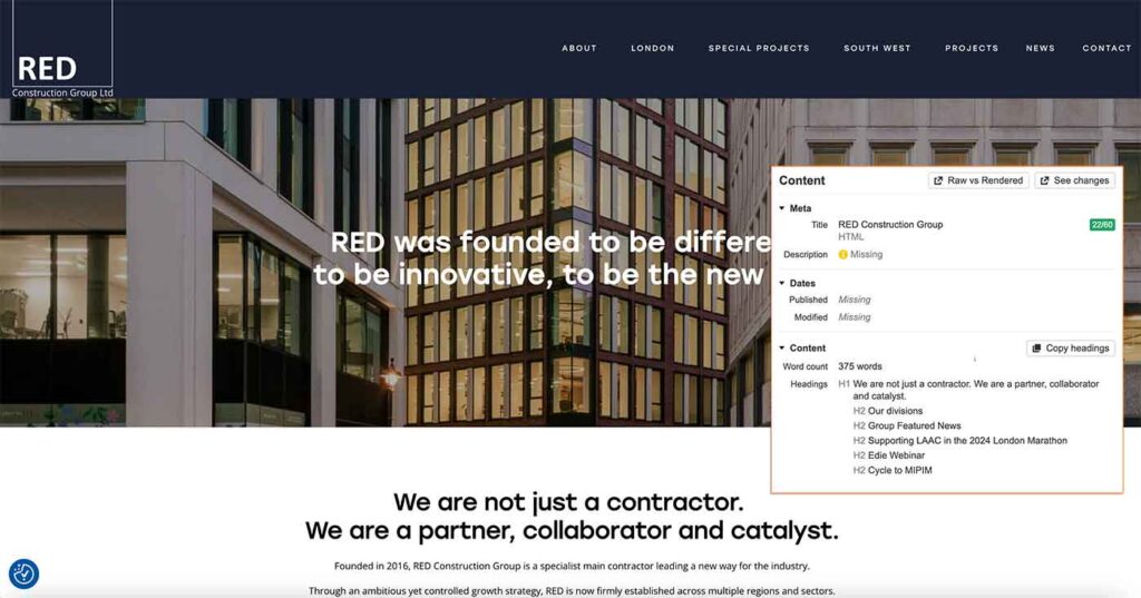 A Screenshot from Red Construction Group website homepage with an addition of all the on Page elements listed.