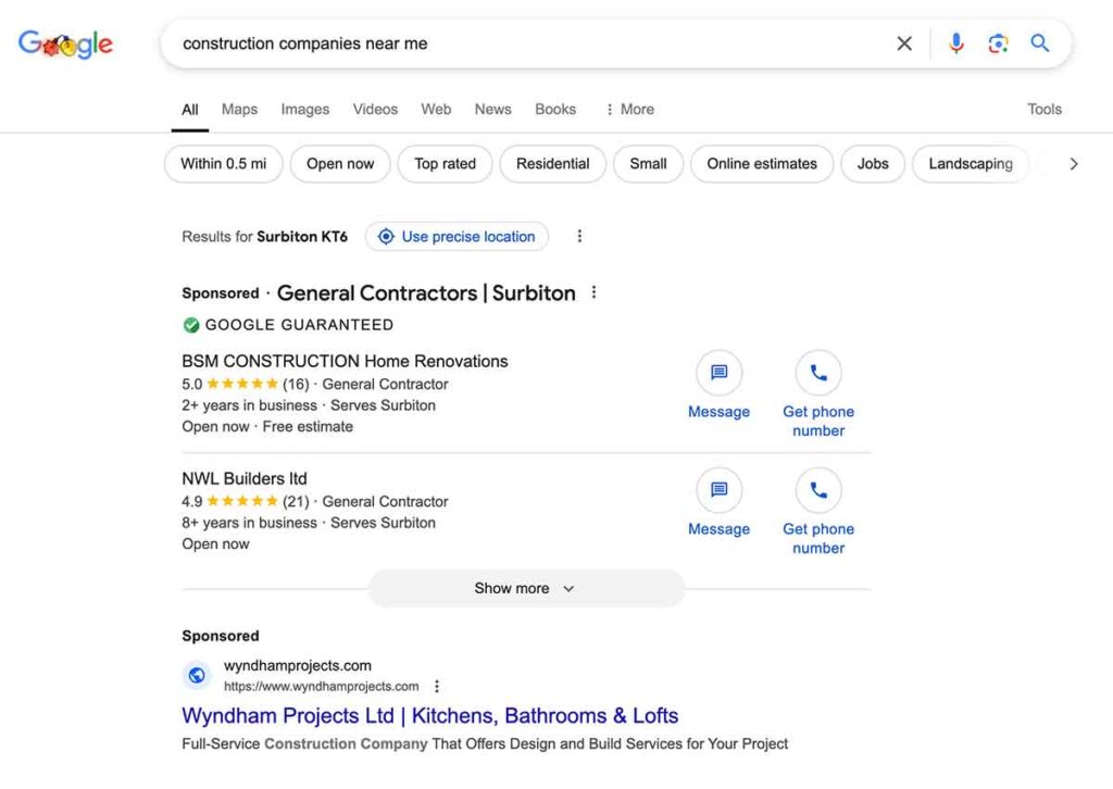 Construction companies search result from Google