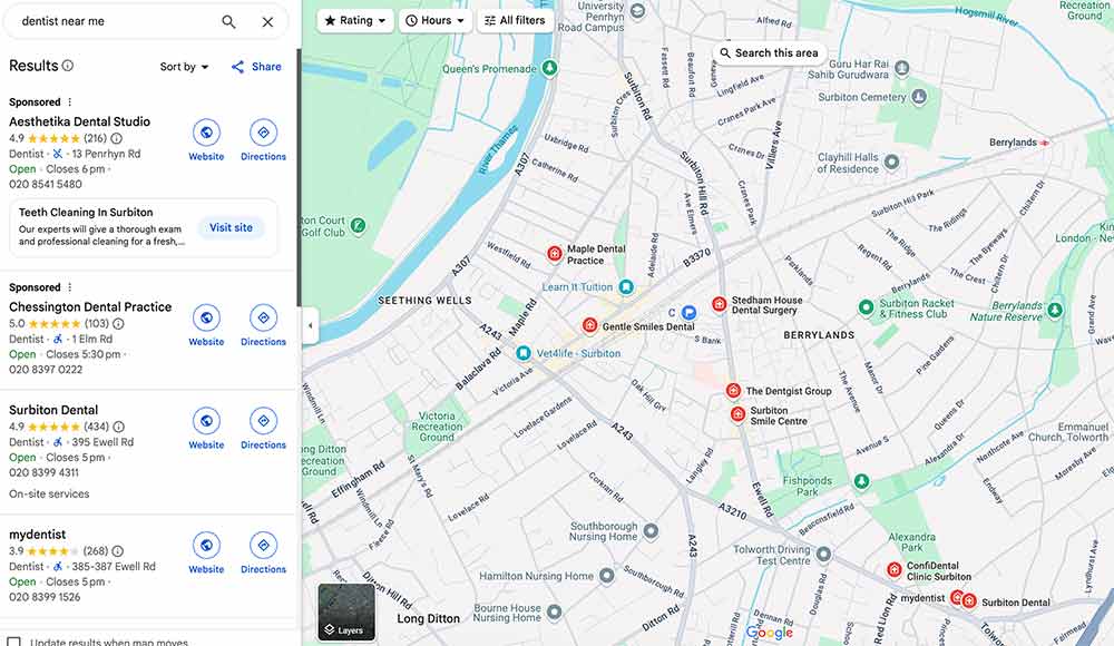 Dental practices near me can be seen on the google map