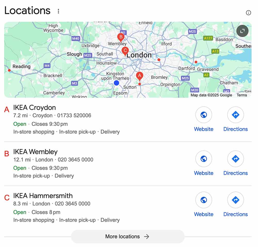 Each branch of a business shown in google local pack i.e. IKEA furniture stores